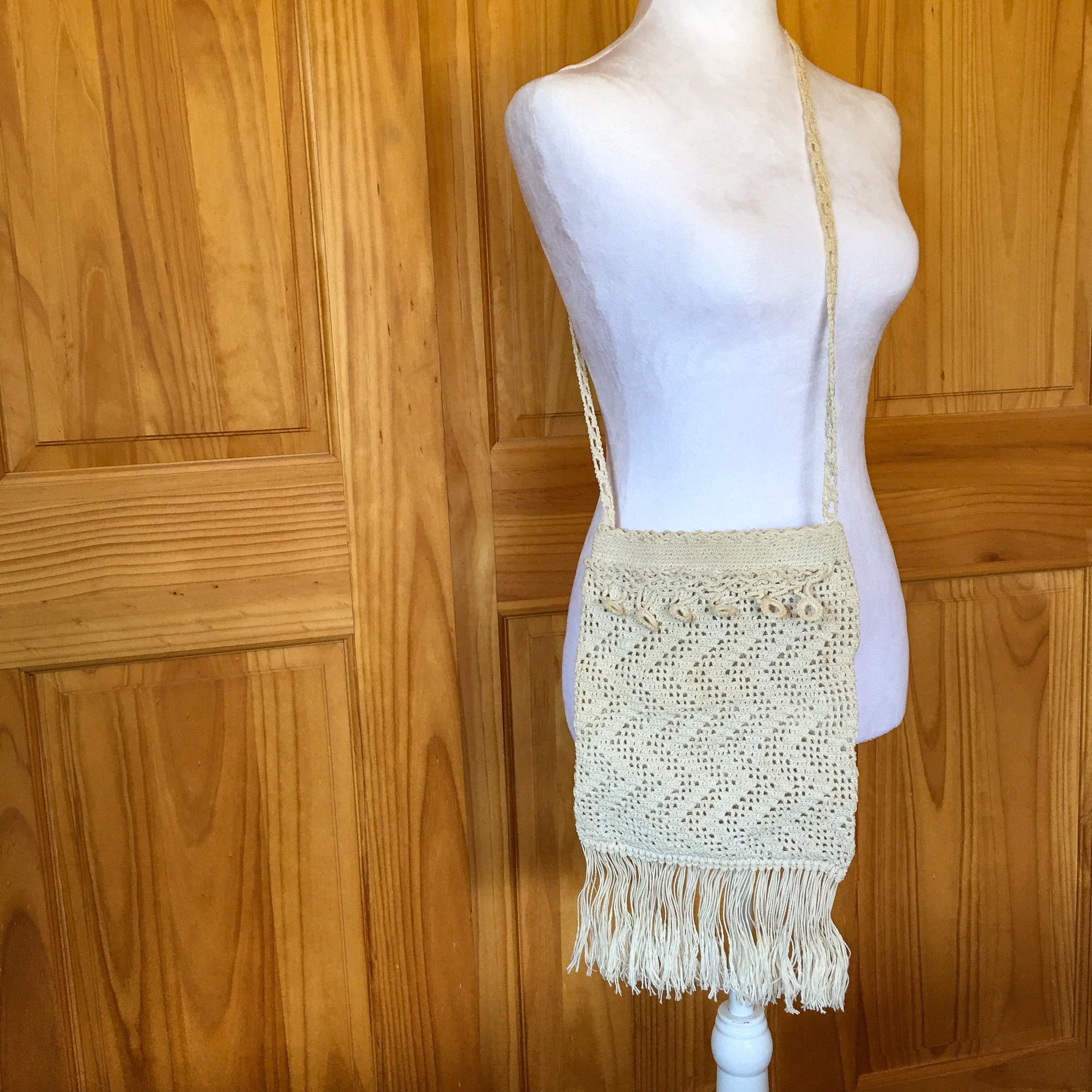 Vintage 1970’s Crochet Shoulder Bag with Fringe, Ecru