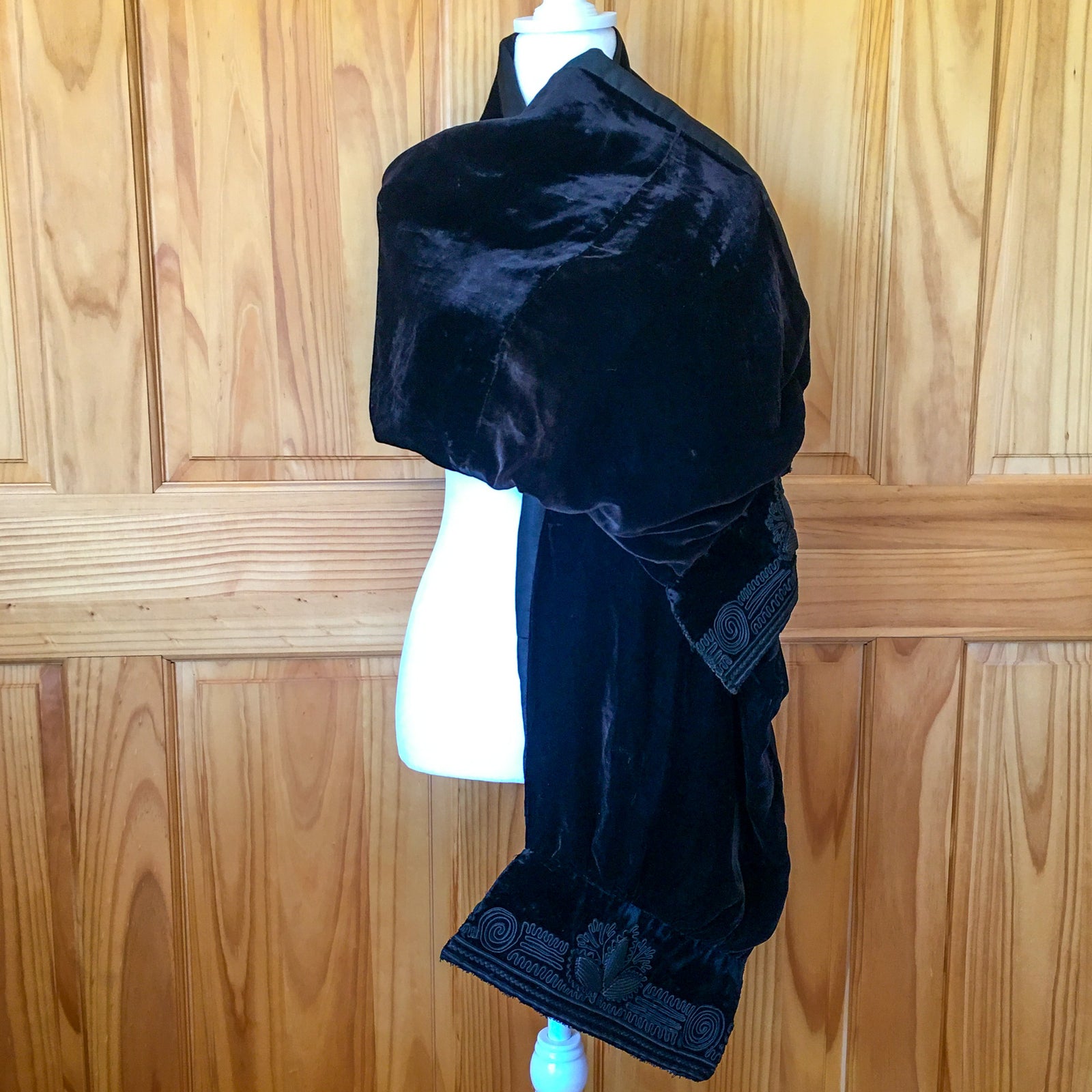 Victorian shawl, black velvet with embroidery, handmade