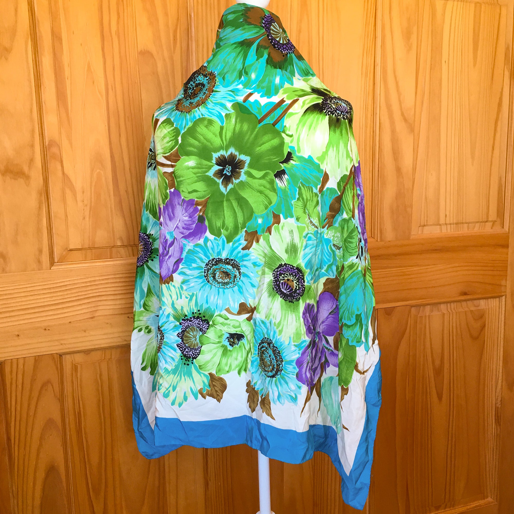Vintage 70's Pierre Cardin Silk Scarf – Bold Floral Print, 32x34" Hand-Rolled, blue, purple, green print