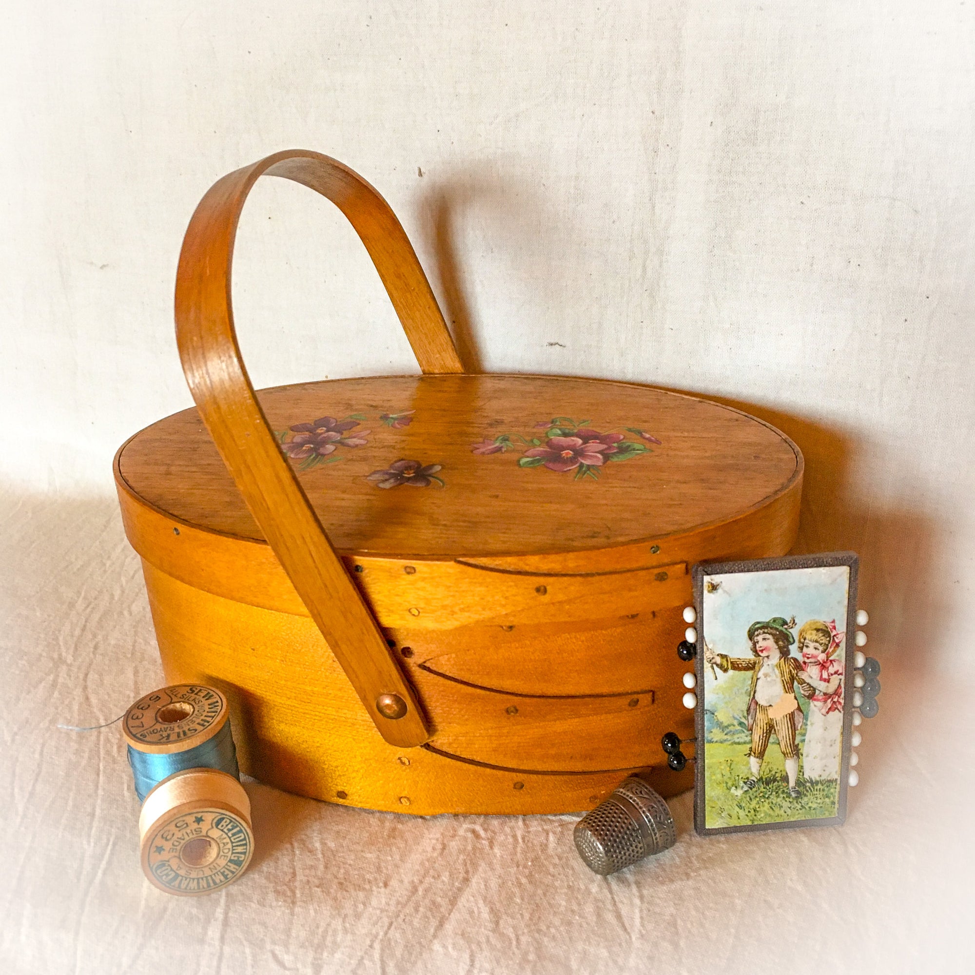 1930's - 1940's Shaker Sewing Carrier – Floral Appliqué Lid, Silk Lined