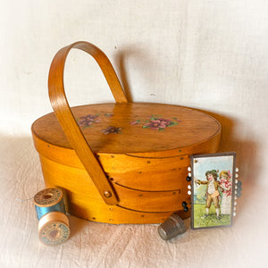 1930's - 1940's Shaker Sewing Carrier – Floral Appliqué Lid, Silk Lined