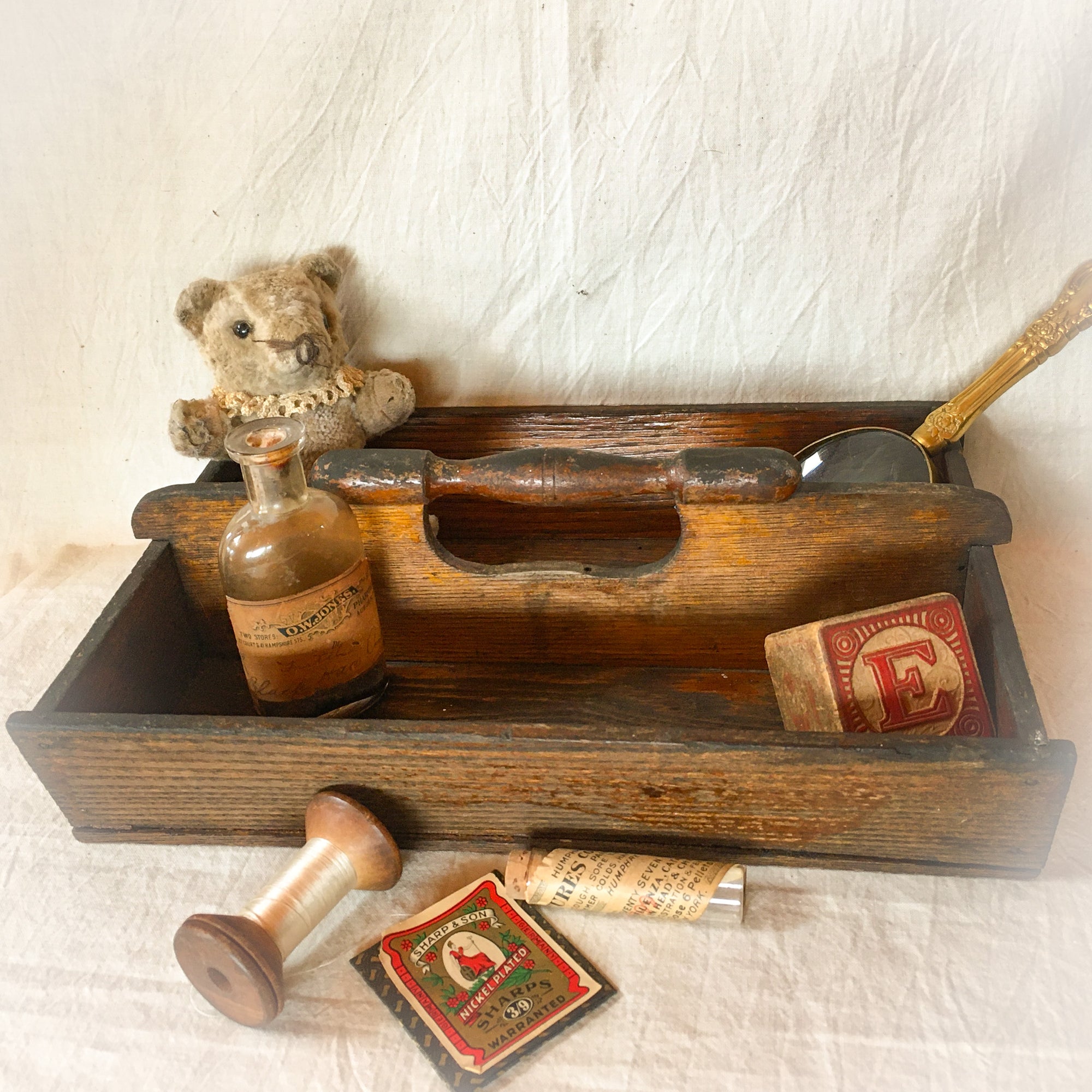 Antique Wooden Cutlery Tray – Divided Solid Wood Carrier with Turned Handle