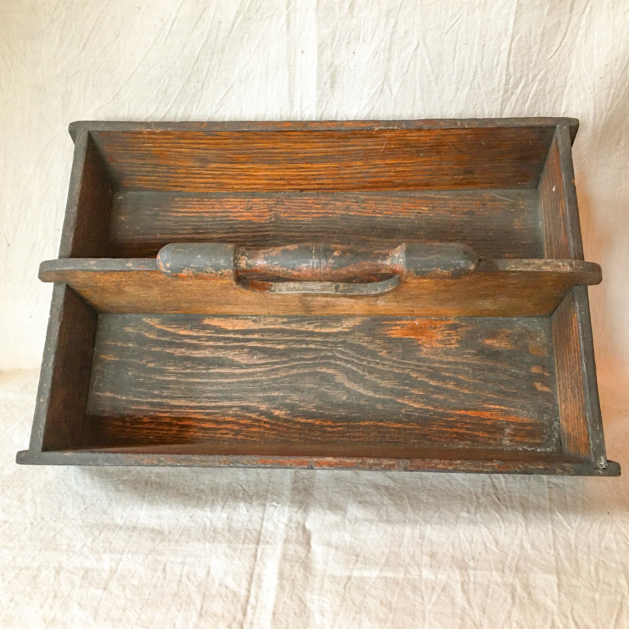 Antique Wooden Cutlery Tray – Divided Solid Wood Carrier with Turned Handle