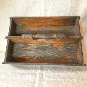 Antique Wooden Cutlery Tray – Divided Solid Wood Carrier with Turned Handle