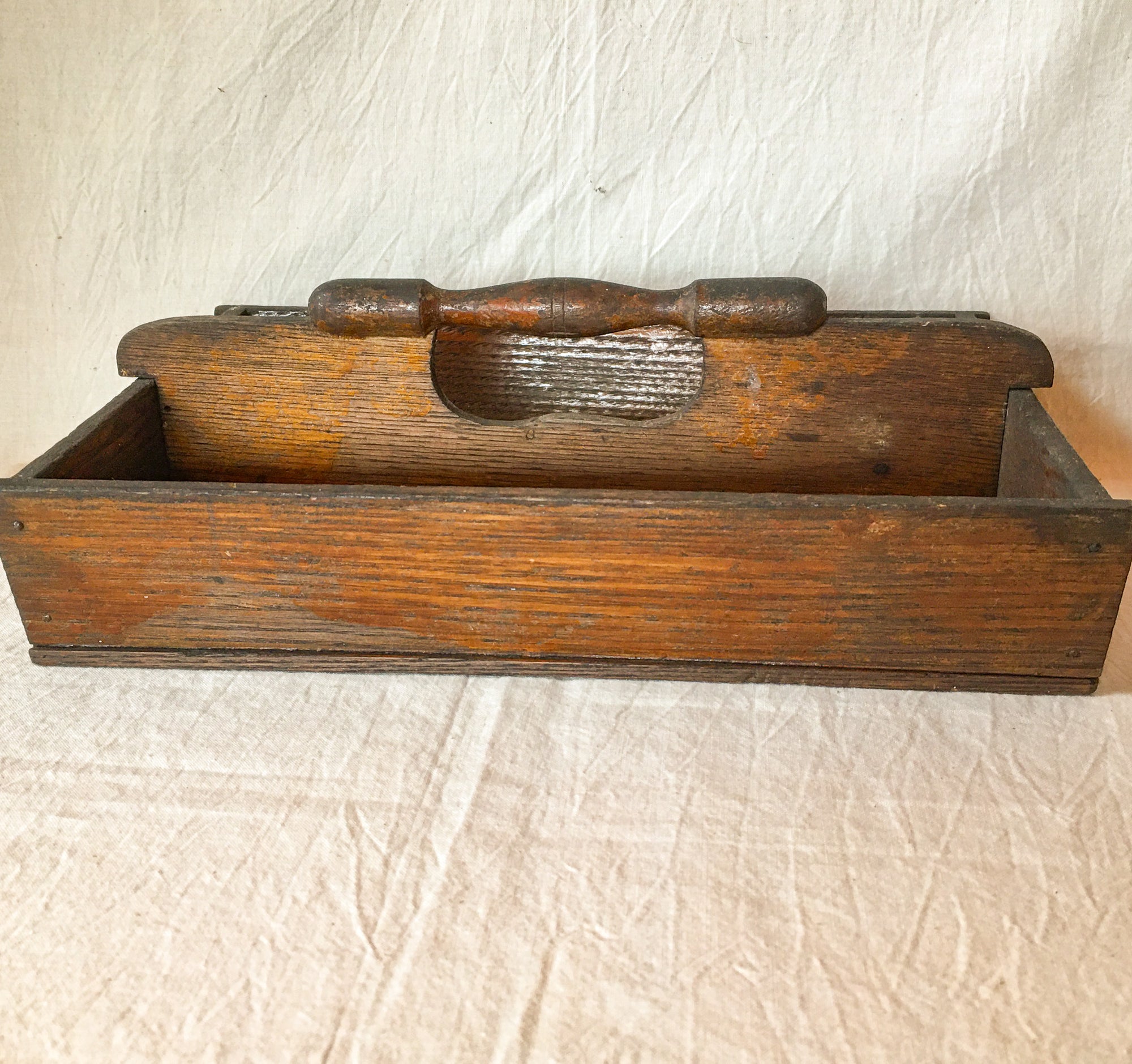 Antique Wooden Cutlery Tray – Divided Solid Wood Carrier with Turned Handle