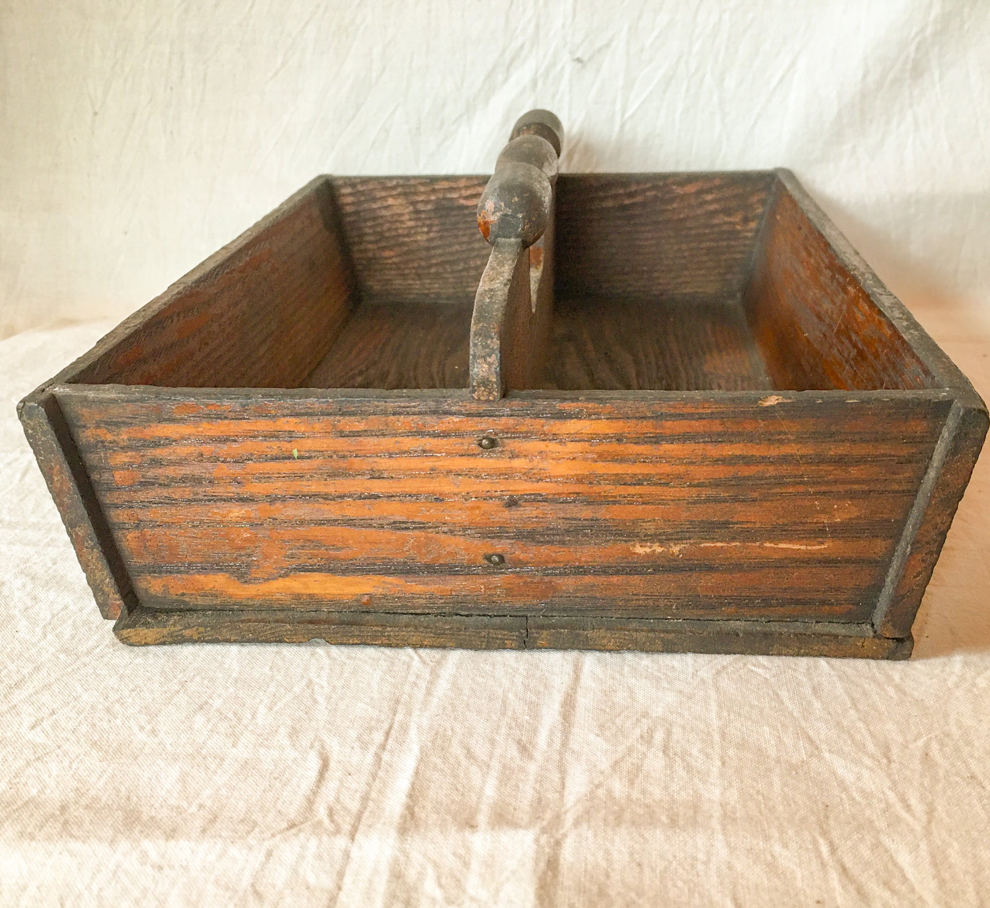 Antique Wooden Cutlery Tray – Divided Solid Wood Carrier with Turned Handle