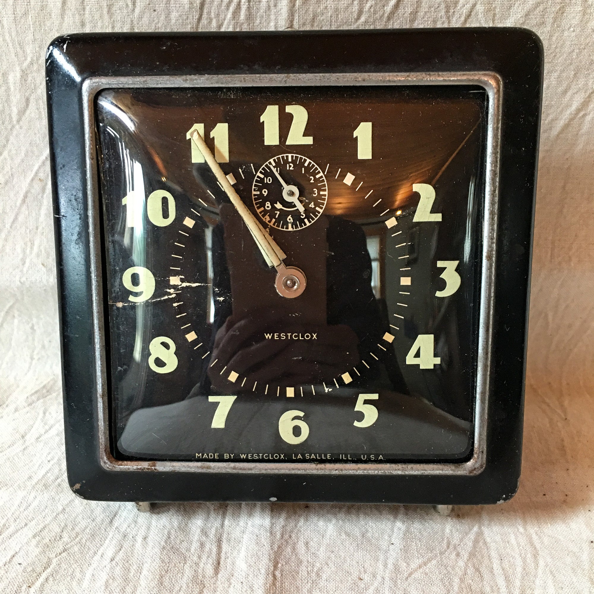 Mid-Century Westclox Alarm Clock – Black Metal Case, Radium Dial, Works Very Well!