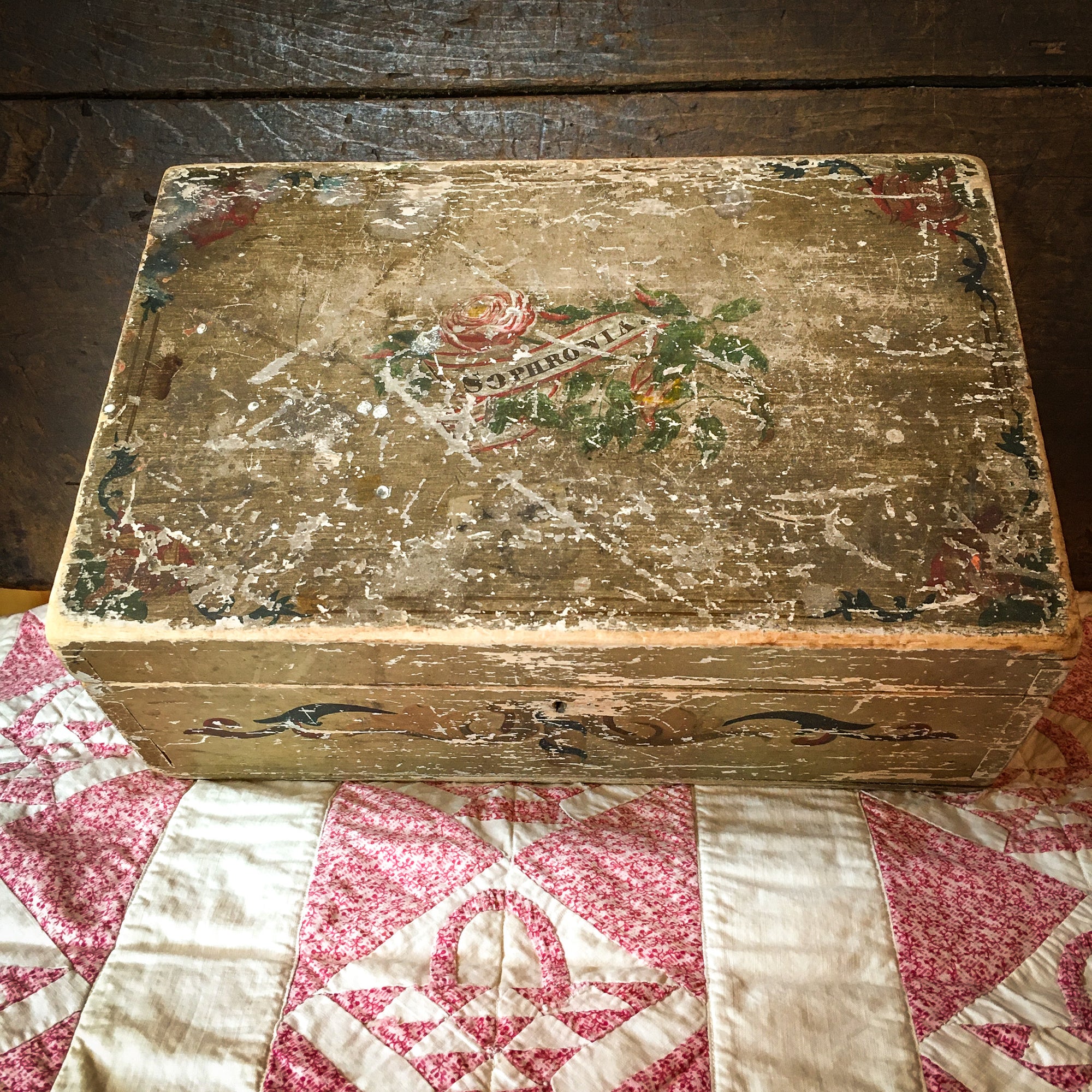 1800s Hand-Painted Wooden Keepsake Box – Dovetailed with Inscription "Sophronia"
