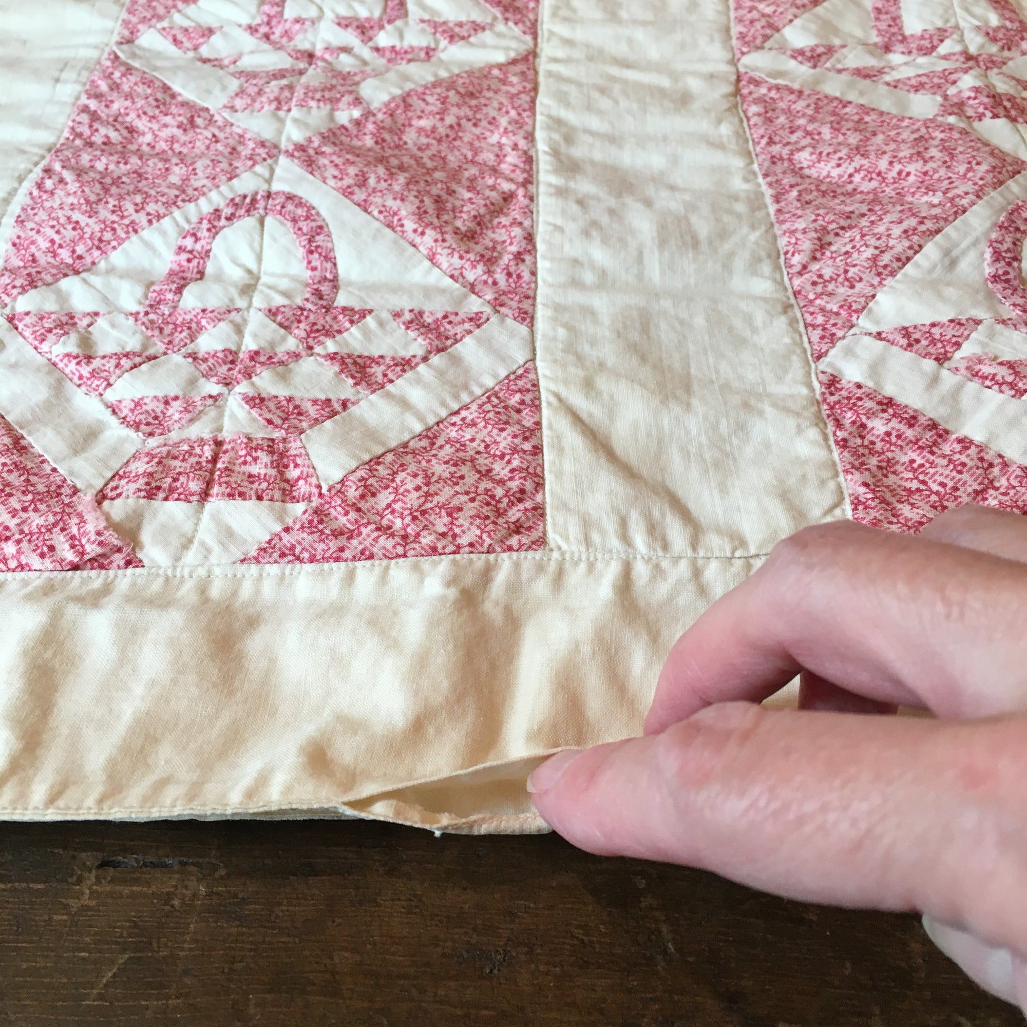 1930s–40s Pink & White Basket Quilt – Hand Stitched, 29" x 23.5"