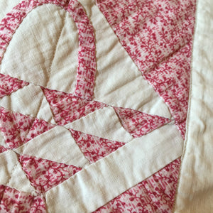 1930s–40s Pink & White Basket Quilt – Hand Stitched, 29" x 23.5"