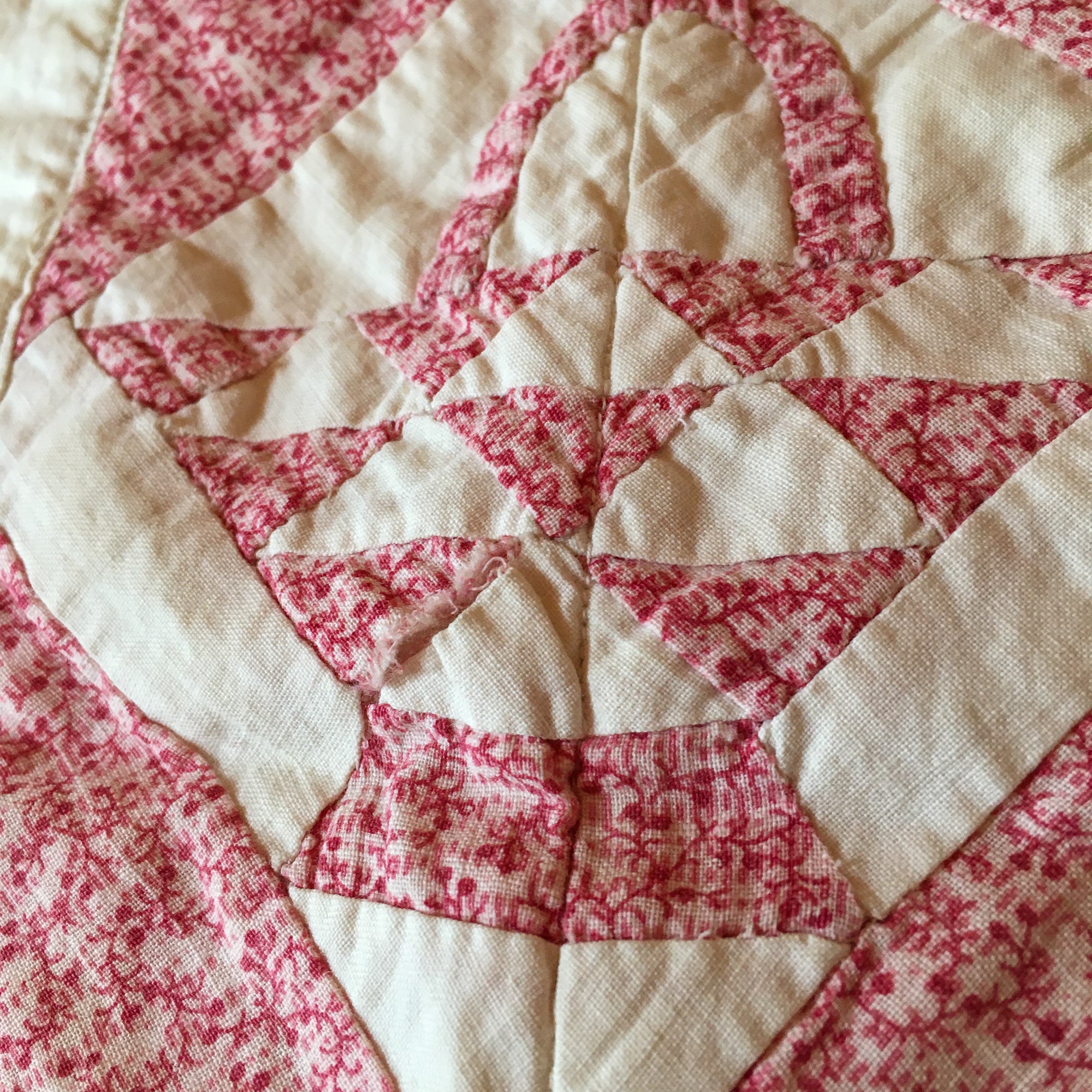 1930s–40s Pink & White Basket Quilt – Hand Stitched, 29" x 23.5"