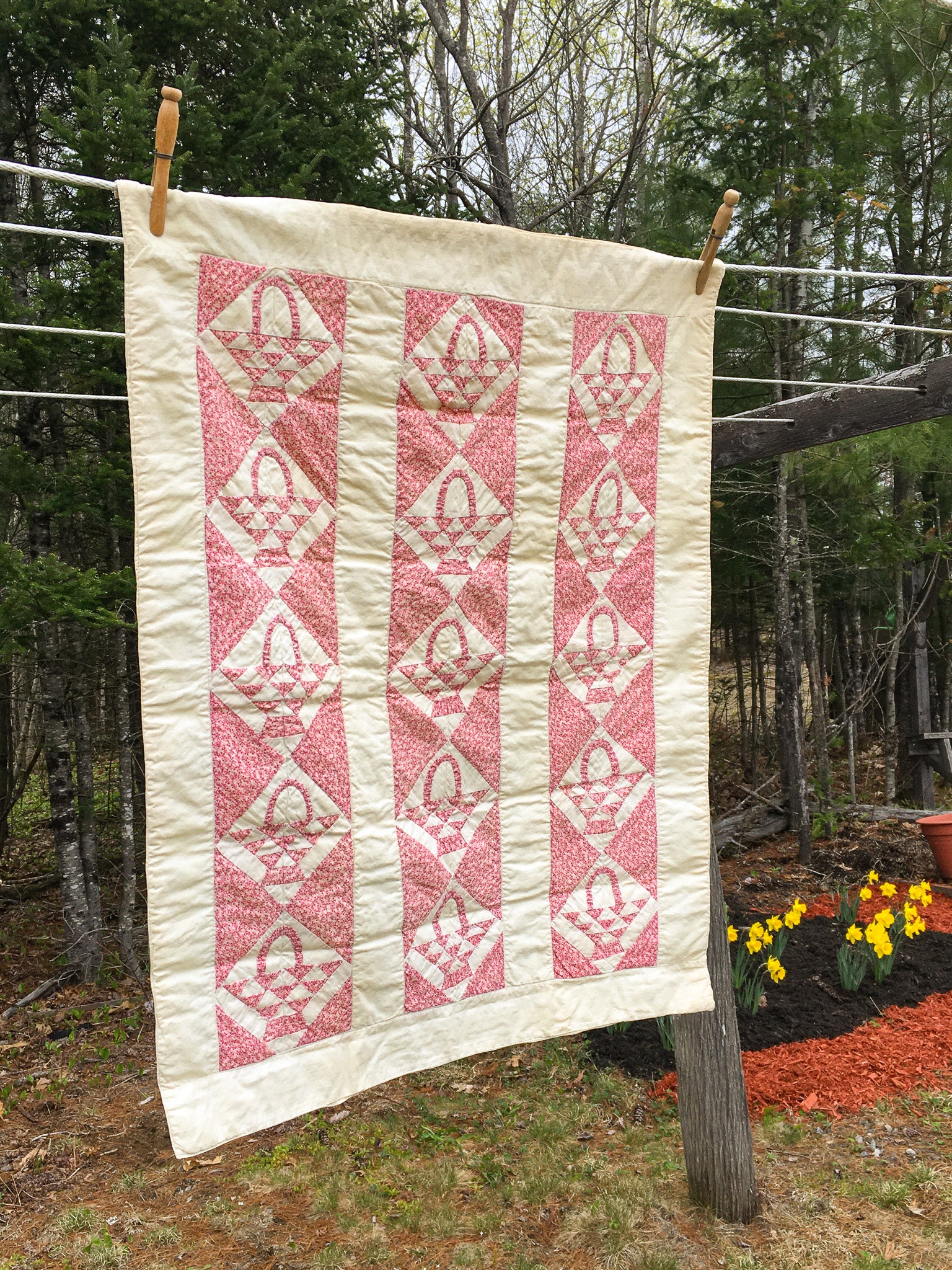 1930s–40s Pink & White Basket Quilt – Hand Stitched, 29" x 23.5"