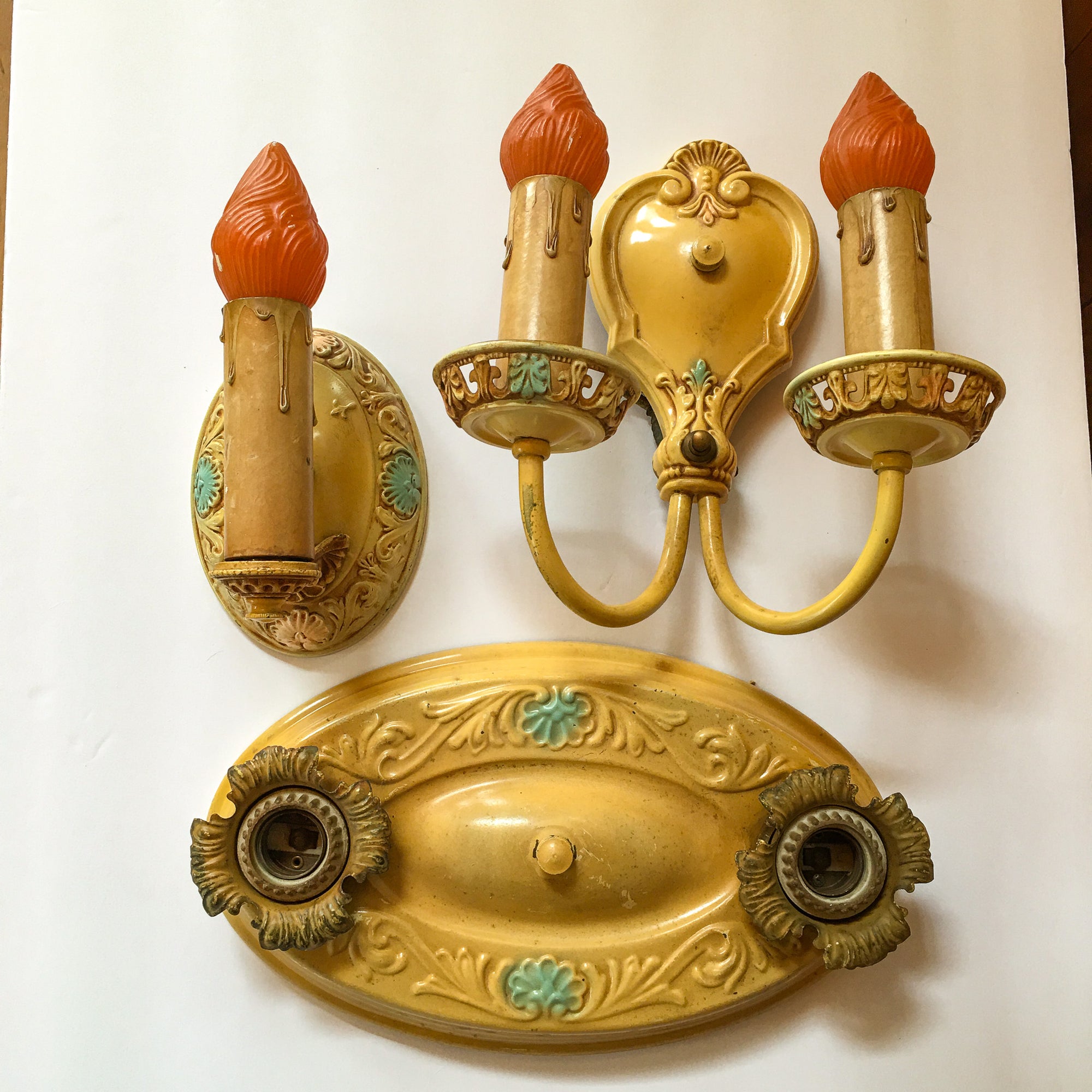 1930s Light Fixtures Wall & Ceiling Set, Art Deco Copper-Finish, Flame Bulbs, Original Enameled Paint, Depression Era