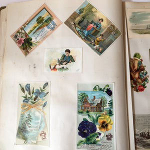 Scrapbook Album, Victorian Era, 69 Pages of Lithograph Trade Cards, Calling Cards, Advertising Cards, Sewing, Quack Medicine, Trains, New England