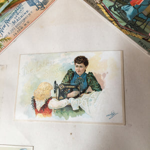 Scrapbook Album, Victorian Era, 69 Pages of Lithograph Trade Cards, Calling Cards, Advertising Cards, Sewing, Quack Medicine, Trains, New England