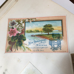 Scrapbook Album, Victorian Era, 69 Pages of Lithograph Trade Cards, Calling Cards, Advertising Cards, Sewing, Quack Medicine, Trains, New England