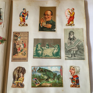 Scrapbook Album, Victorian Era, 69 Pages of Lithograph Trade Cards, Calling Cards, Advertising Cards, Sewing, Quack Medicine, Trains, New England