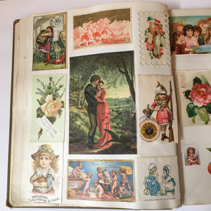 Scrapbook Album, Victorian Era, 69 Pages of Lithograph Trade Cards, Calling Cards, Advertising Cards, Sewing, Quack Medicine, Trains, New England
