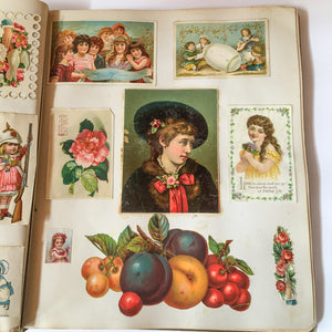 Scrapbook Album, Victorian Era, 69 Pages of Lithograph Trade Cards, Calling Cards, Advertising Cards, Sewing, Quack Medicine, Trains, New England