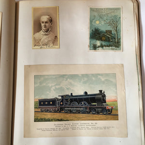 Scrapbook Album, Victorian Era, 69 Pages of Lithograph Trade Cards, Calling Cards, Advertising Cards, Sewing, Quack Medicine, Trains, New England
