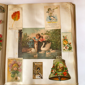 Scrapbook Album, Victorian Era, 69 Pages of Lithograph Trade Cards, Calling Cards, Advertising Cards, Sewing, Quack Medicine, Trains, New England