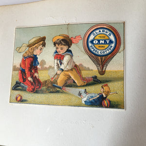 Scrapbook Album, Victorian Era, 69 Pages of Lithograph Trade Cards, Calling Cards, Advertising Cards, Sewing, Quack Medicine, Trains, New England