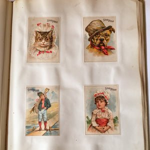 Scrapbook Album, Victorian Era, 69 Pages of Lithograph Trade Cards, Calling Cards, Advertising Cards, Sewing, Quack Medicine, Trains, New England