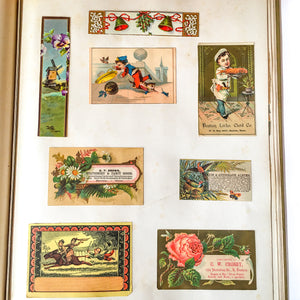 Scrapbook Album, Victorian Era, 69 Pages of Lithograph Trade Cards, Calling Cards, Advertising Cards, Sewing, Quack Medicine, Trains, New England