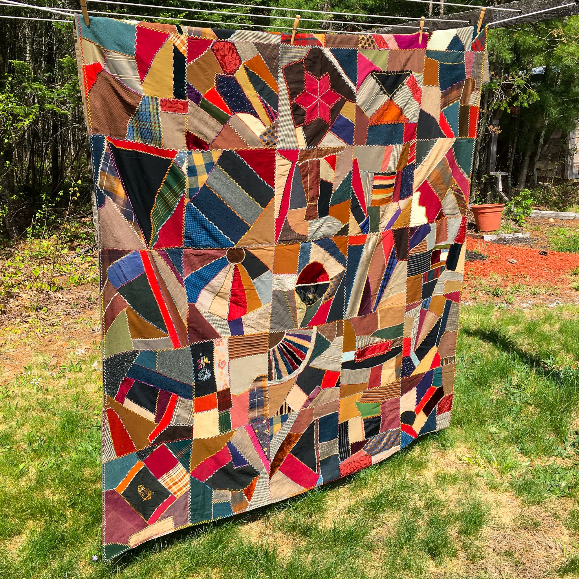 Antique Crazy Quilt, Victorian Era, Wool, Velvet, Cotton with Embroidery