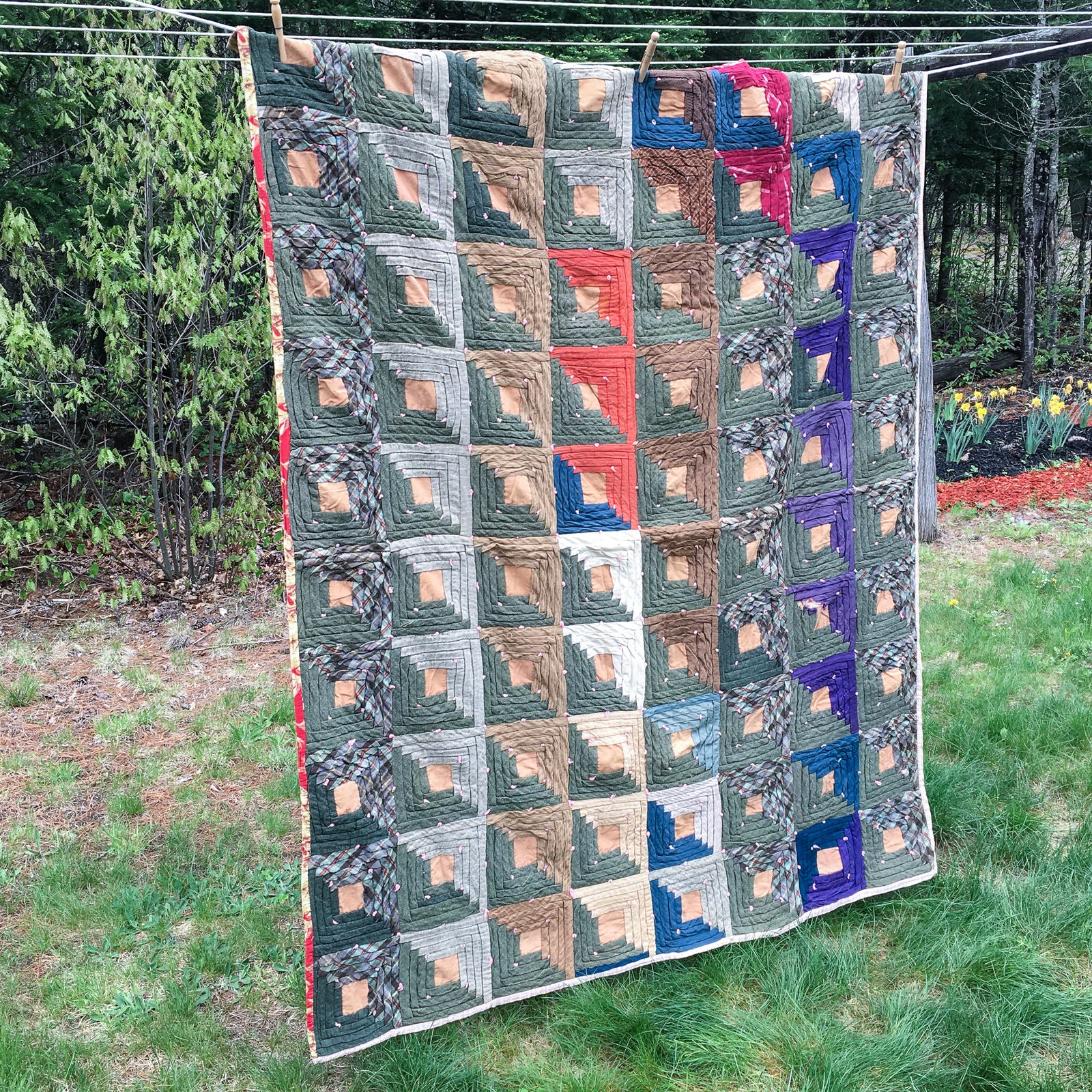 Vintage Log Cabin Quilt, Depression Era, Wool, Flannel, Cotton