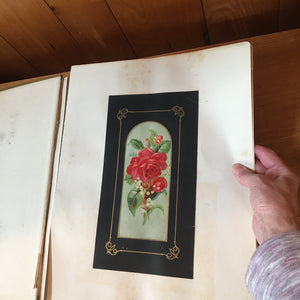 Scrapbook Album, Victorian Era, 69 Pages of Lithograph Trade Cards, Calling Cards, Advertising Cards, Sewing, Quack Medicine, Trains, New England