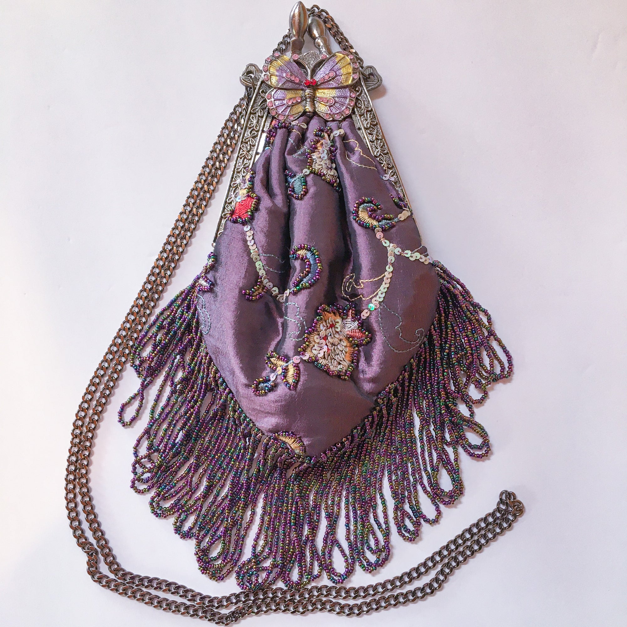 Vintage Sasha Butterfly Beaded Evening Bag – Embroidered Satin Purse with Fringe & Chain Strap