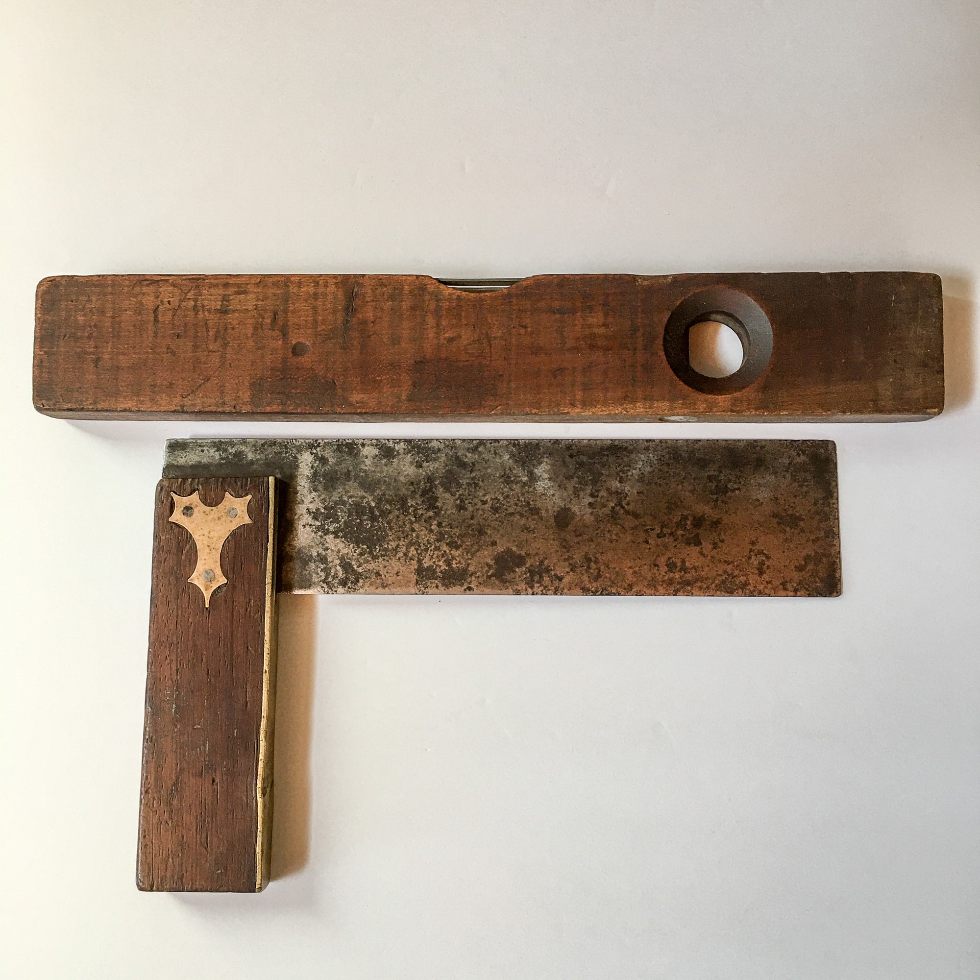 Antique Tools, Try Square and Spirit Level Set, Wood & Brass, Late 1800s to Early 1900s