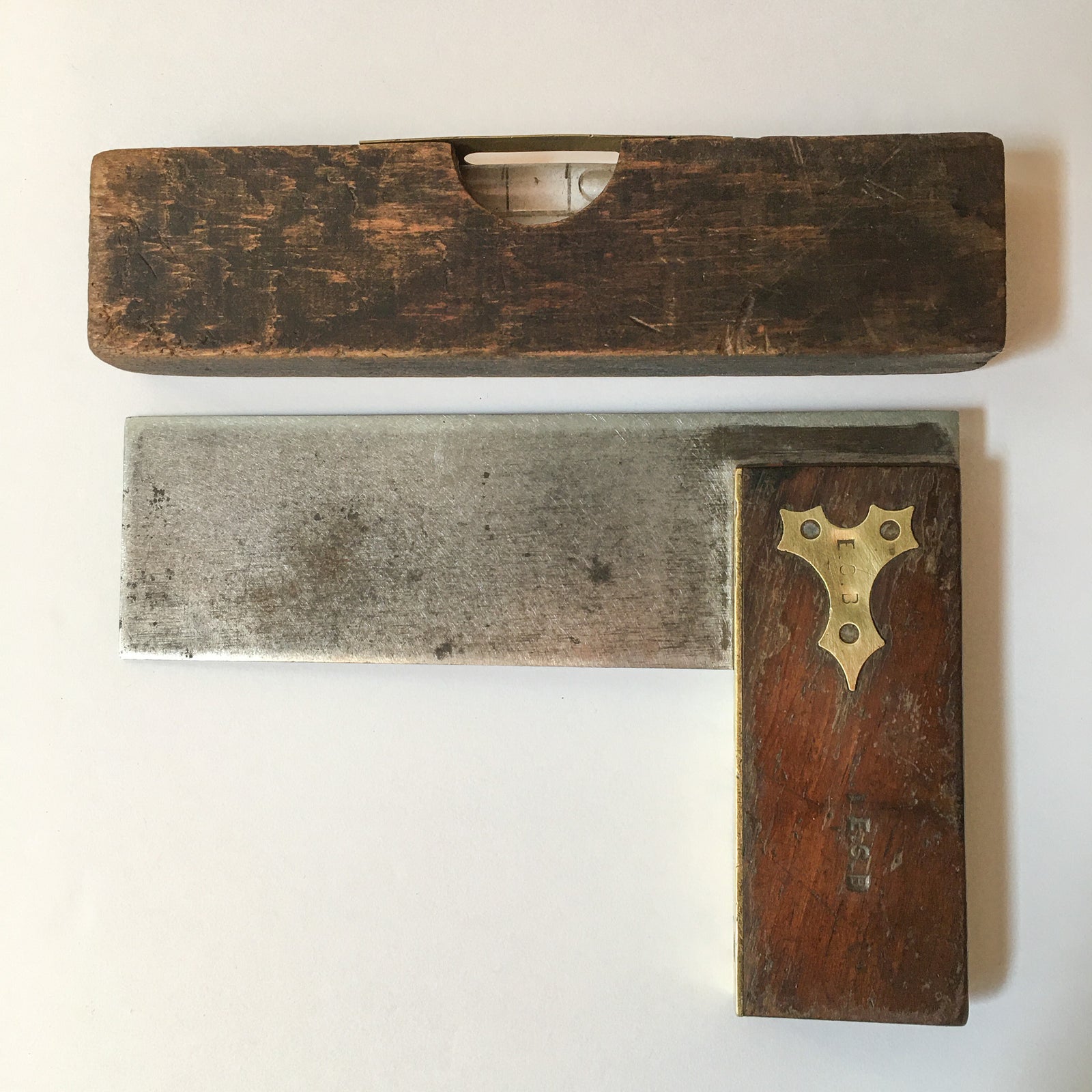 Antique Tools, Mini Try Square and Small Level, Marked E.S.B. , Early 1900s