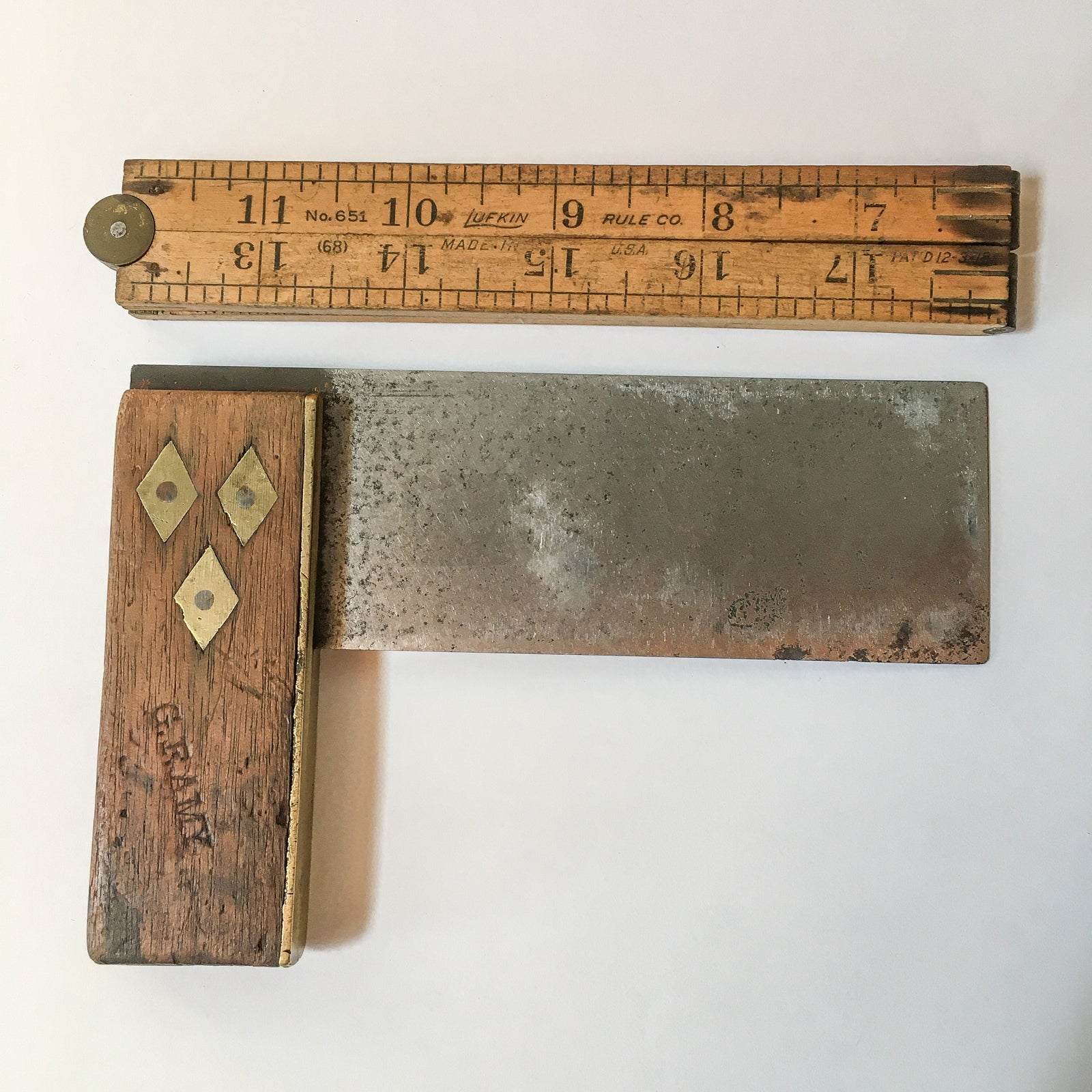 Antique Tools, Lufkin Folding Rule and G.F. AMY Marked Try Square, Boxwood and Brass