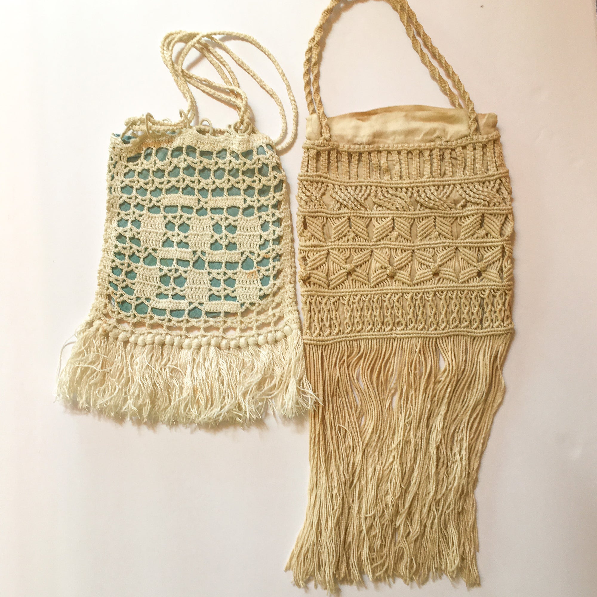 Vintage Handbags, 1920s Crochet and Macramé Handbag Set, Handmade, Lined, Fringed