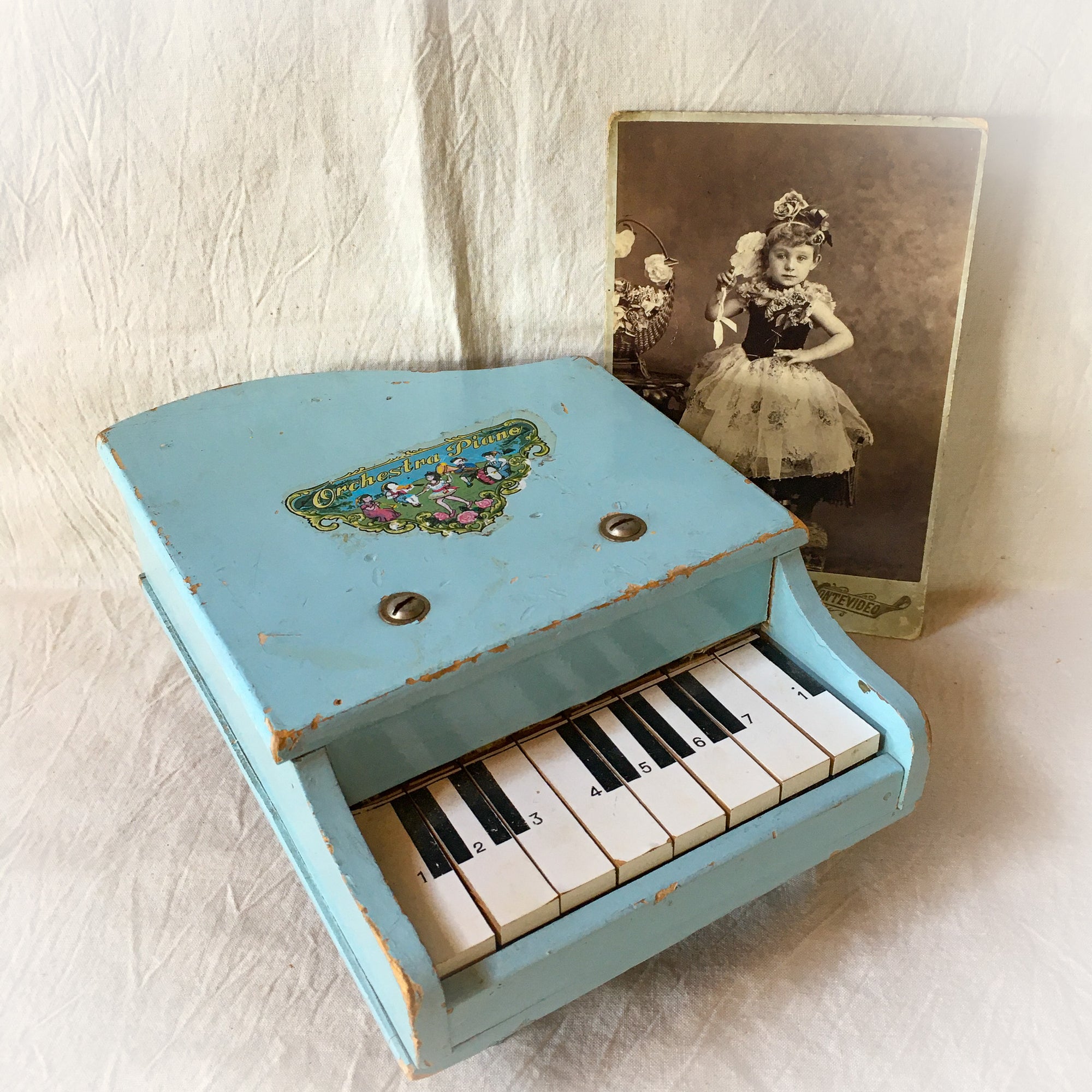 Vintage Toy Piano, “Orchestra Piano” Toy, 1930s–50s,Made in Japan,Wood with Lithograph, Working Keys