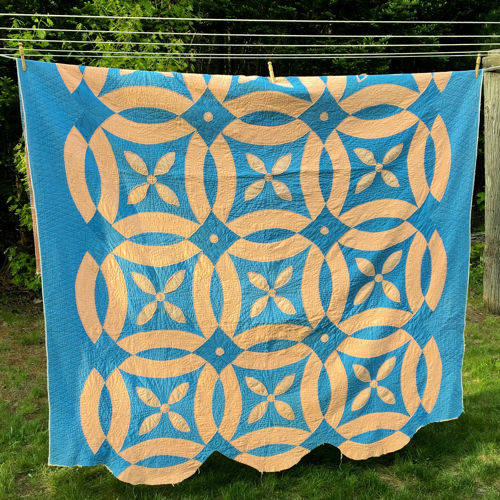 1930s Appliqué Quilt, Hand Quilted Blue & Peach Summer Quilt, 71"x97"