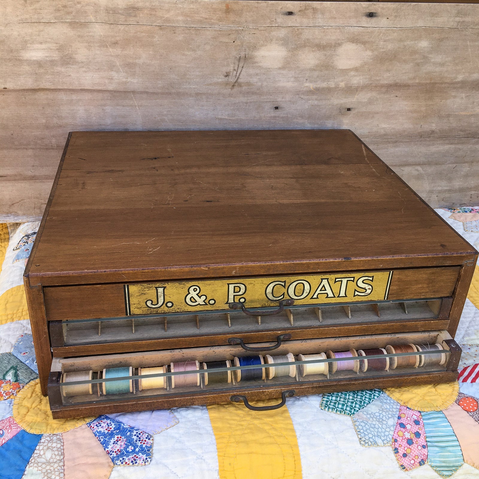 Antique J. & P. Coats 3-Drawer Spool Cabinet, 2 Drawers with Glass Fronts