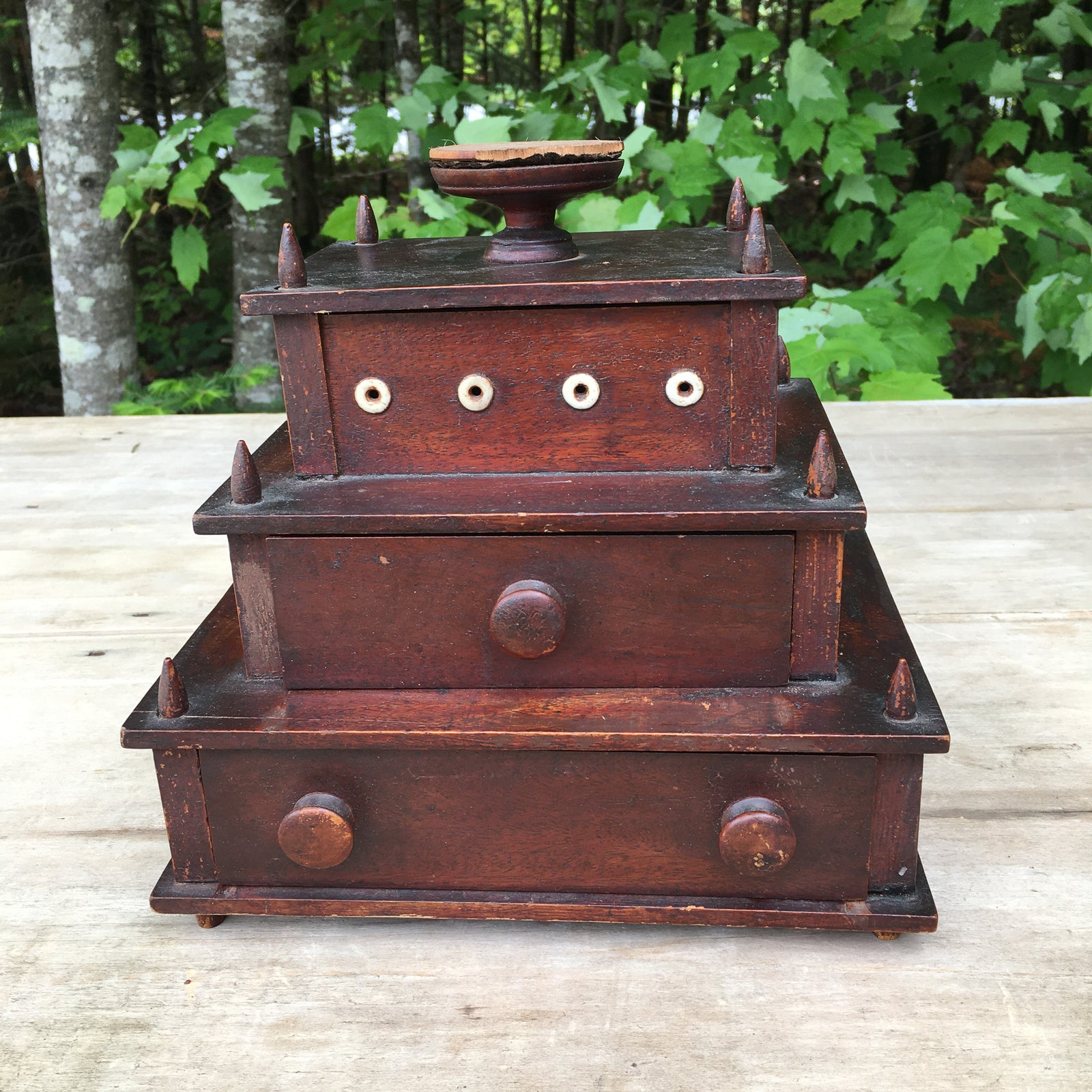 19th Century 3-Tiered Wooden Sewing Box with Bone Eyelets