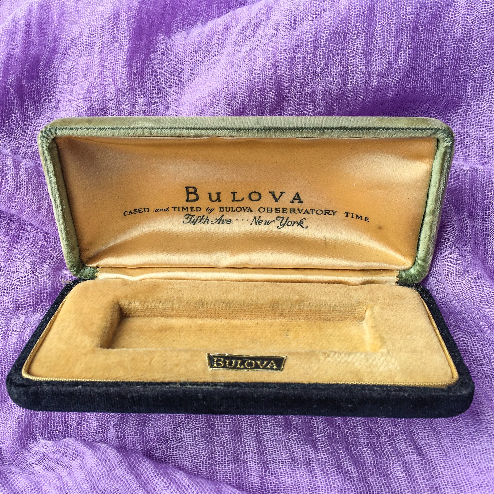 1930s Bulova Velvet Watch Box – Fifth Ave NYC, Gold Silk Interior, Observatory Time