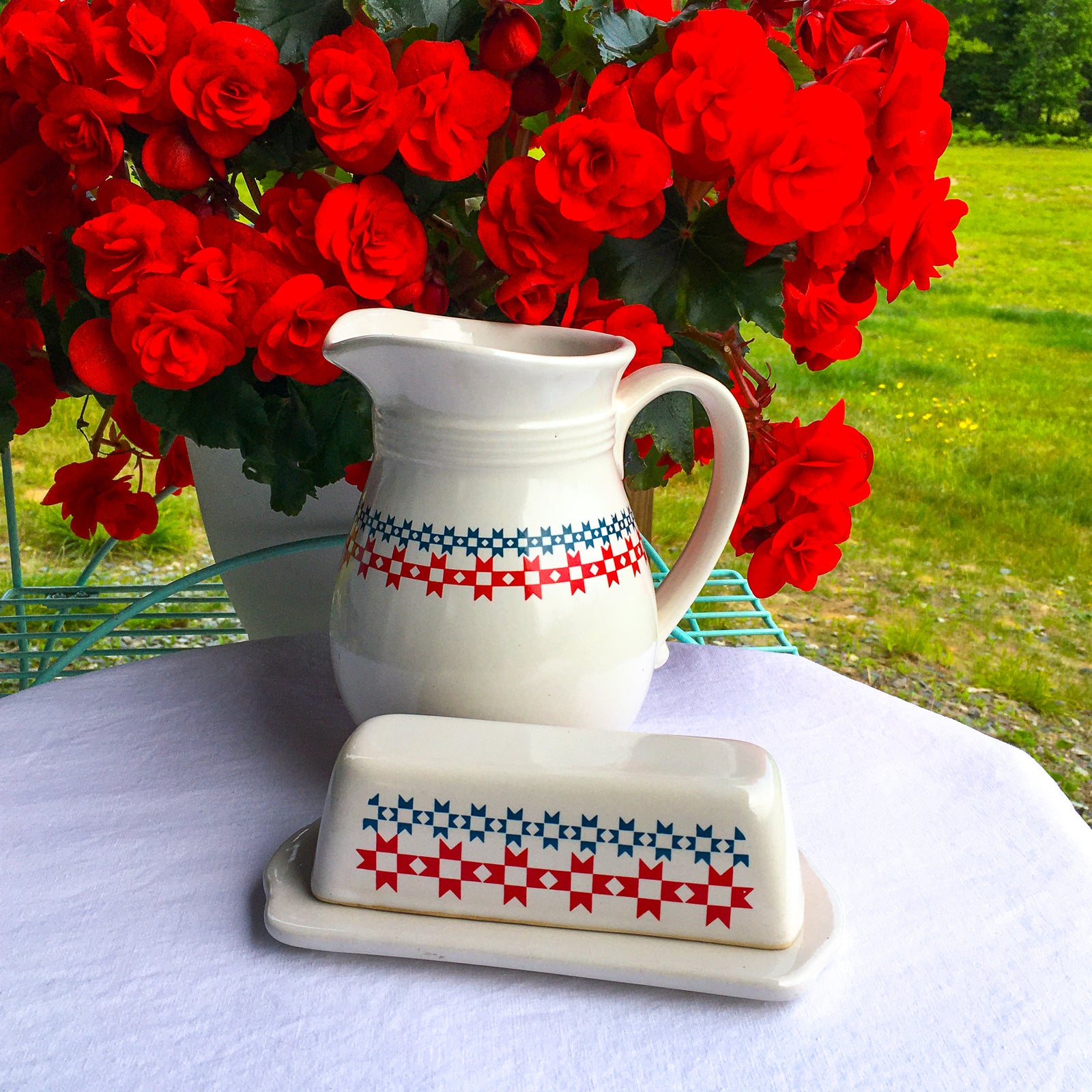 June Dairy Month 1987 Pitcher & Butter Dish Set – Red White and Blue Quilt Star Pattern, USA Pottery