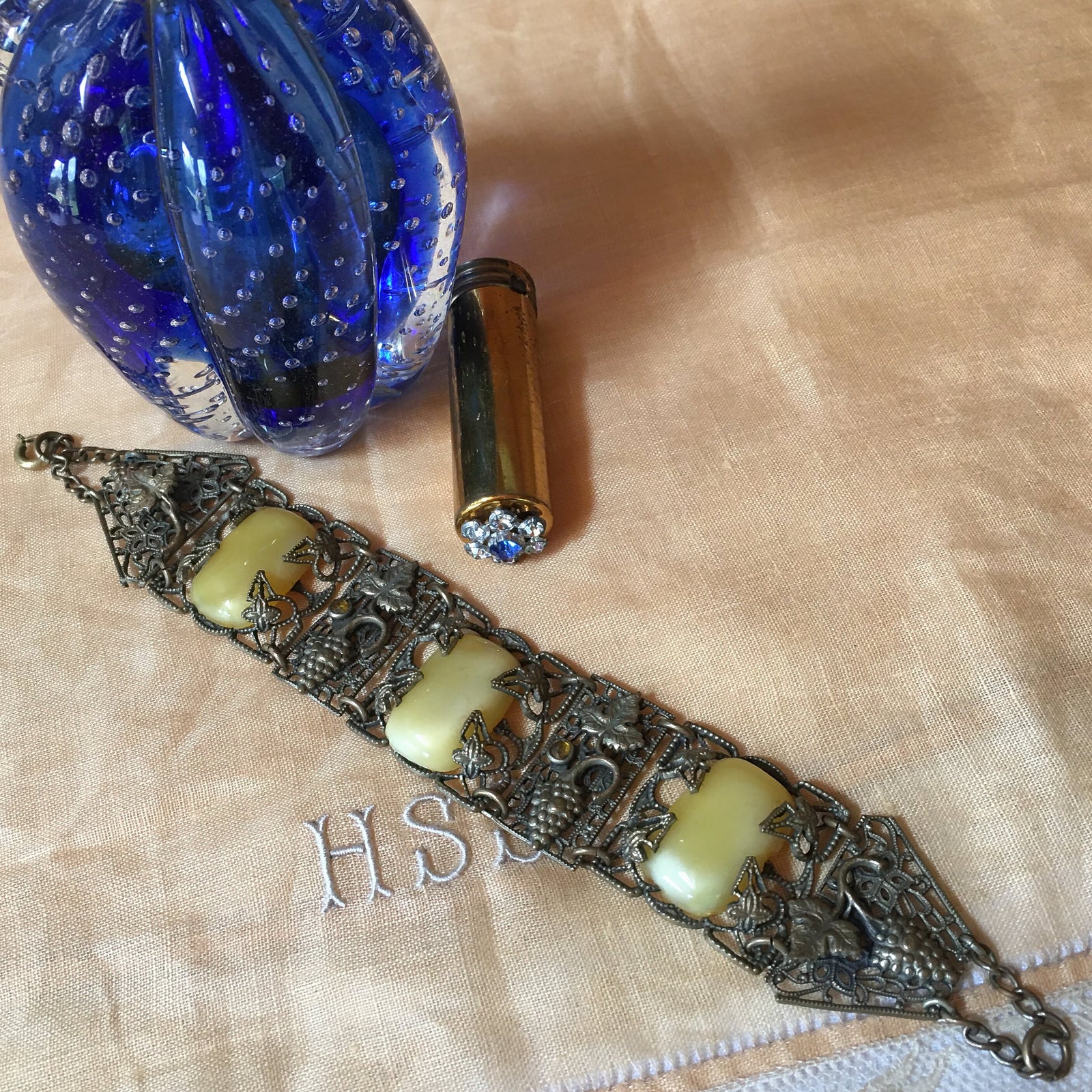 1920's - 1930's Art Deco Filigree Panel Bracelet with Cabochons, 7.5" Long