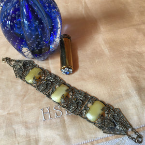 1920's - 1930's Art Deco Filigree Panel Bracelet with Cabochons, 7.5" Long