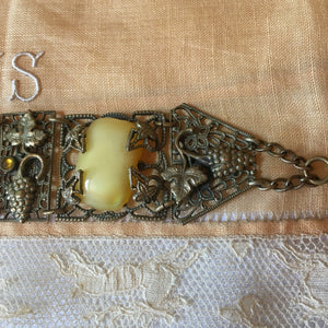 1920's - 1930's Art Deco Filigree Panel Bracelet with Cabochons, 7.5" Long