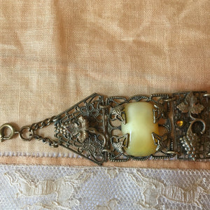 1920's - 1930's Art Deco Filigree Panel Bracelet with Cabochons, 7.5" Long
