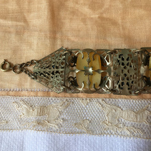 1920's - 1930's Art Deco Filigree Panel Bracelet with Cabochons, 7.5" Long