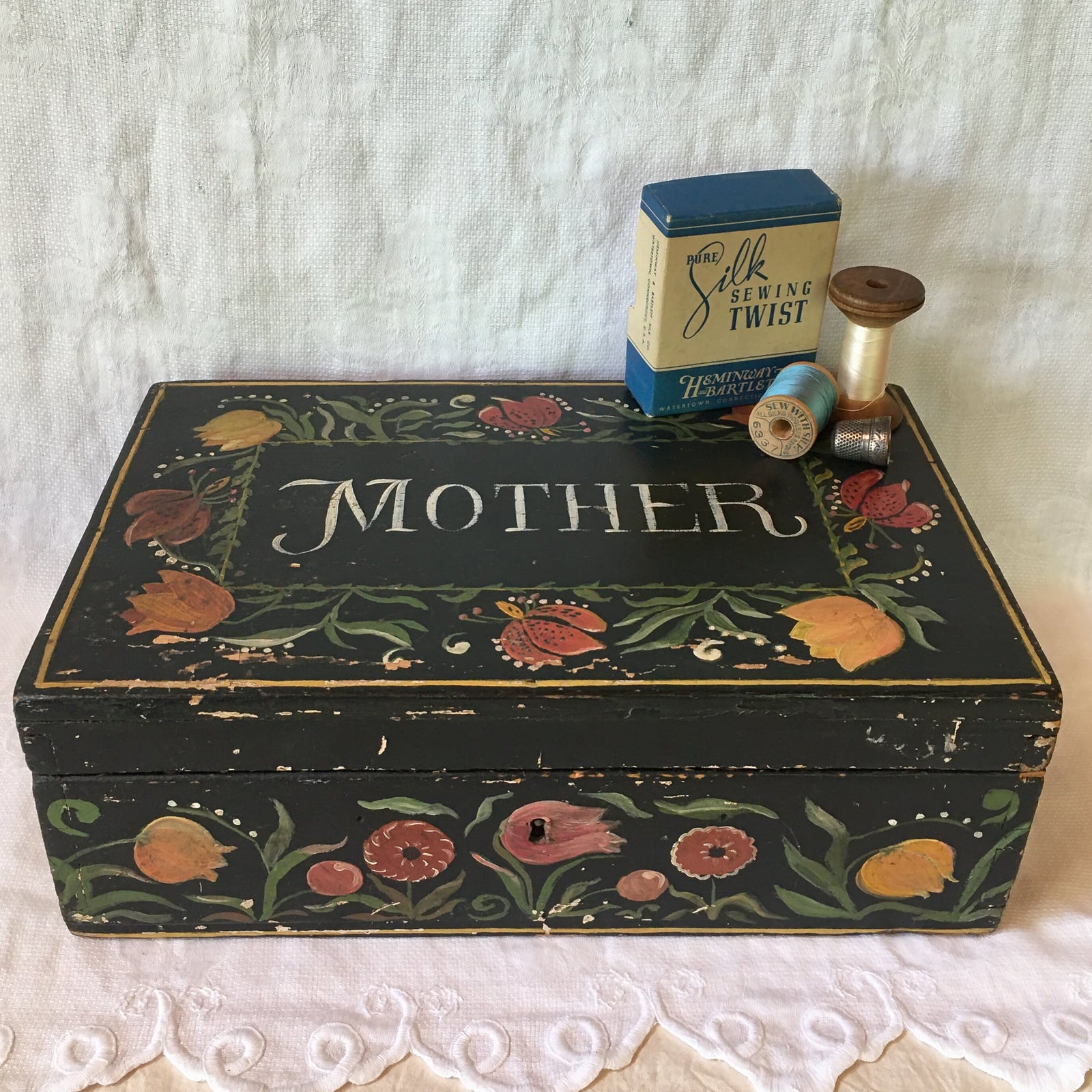 Vintage Hand Painted Wooden “Mother” Sewing/Keepsake Box