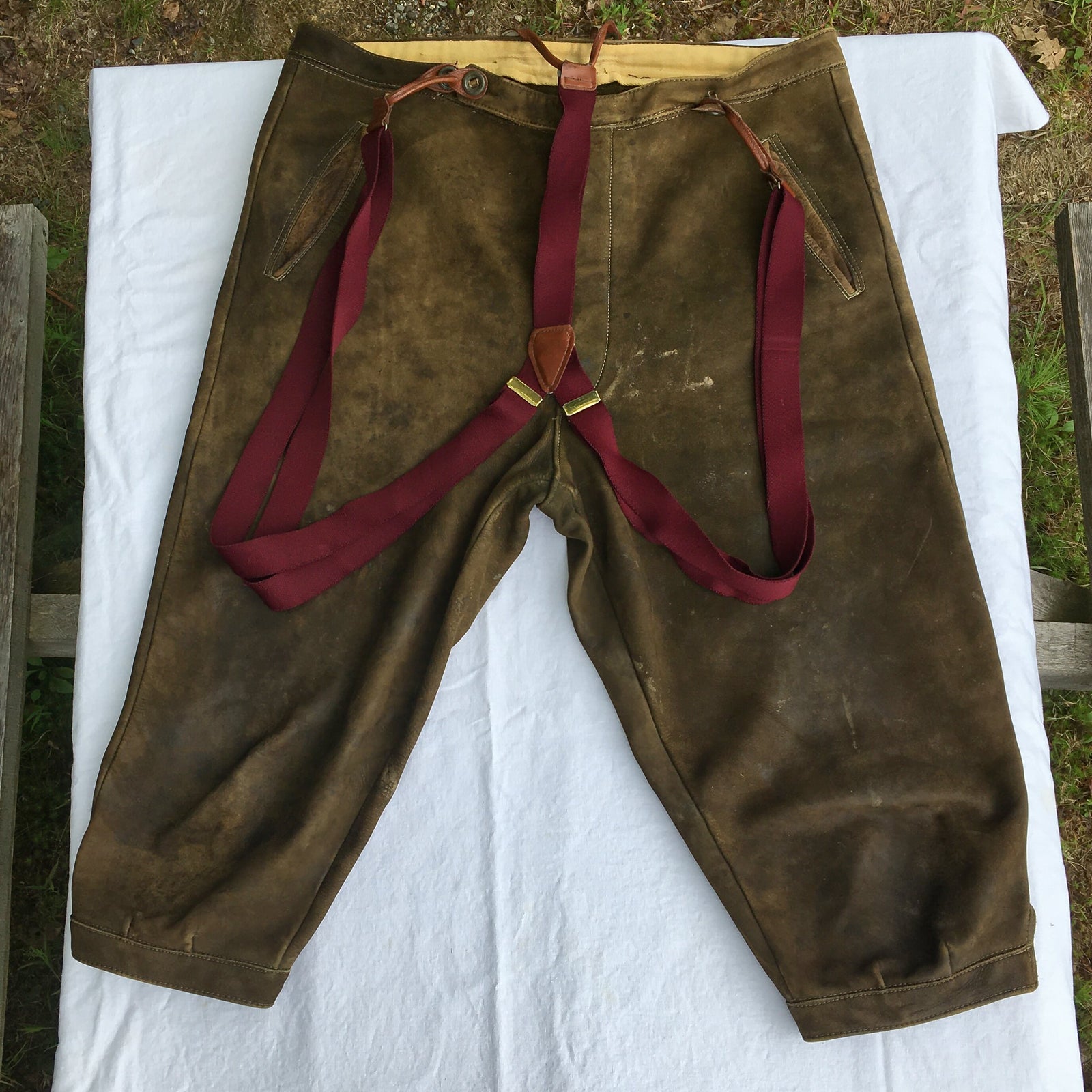 Vintage Leather Motorcycle or Hunting Pants, Knee Length w/ Suspenders, Button Fly & Buckled Legs, 1940s Workwear