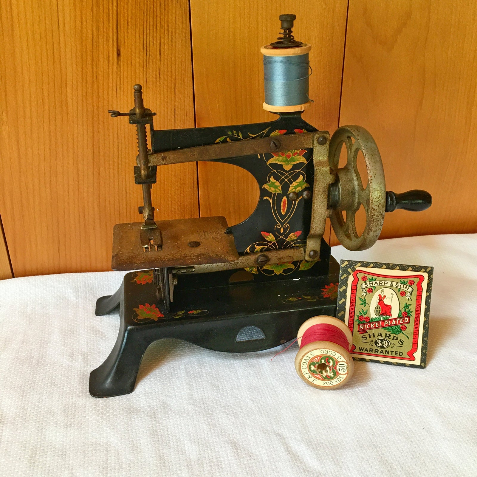 Antique German Toy Sewing Machine – Cast Iron with Floral Paint – c. 1920s